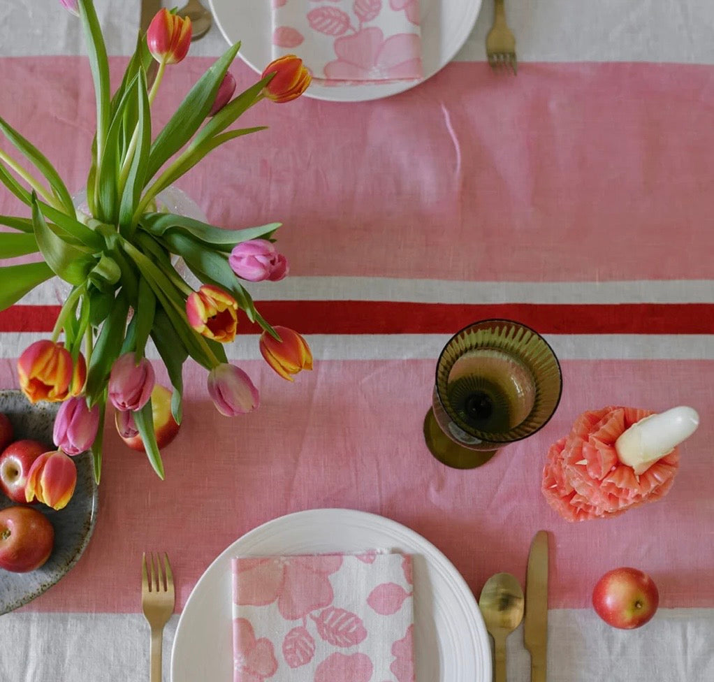 Handcrafted, by Aqua Door Designs, Pink & Red Tennis Stripe Linen Tablecloth - SYDNEY delivery only with this product!