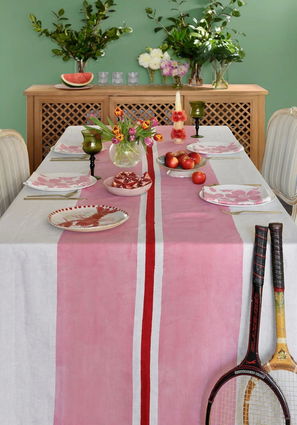 Handcrafted, by Aqua Door Designs, Pink & Red Tennis Stripe Linen Tablecloth - SYDNEY delivery only with this product!
