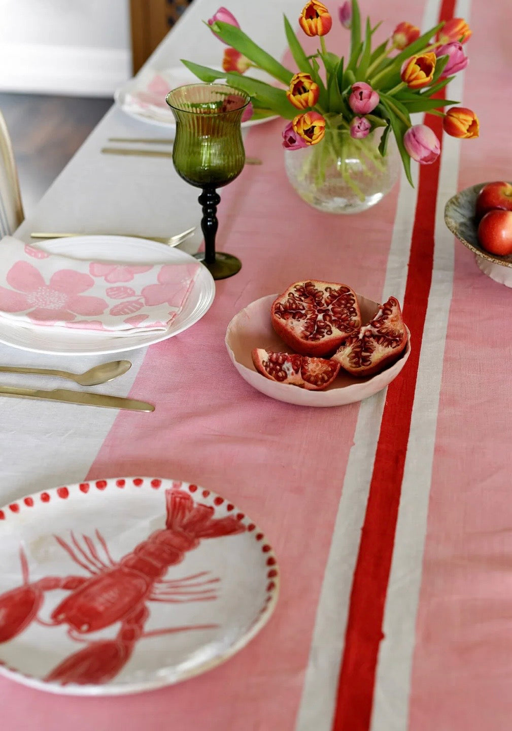 Handcrafted, by Aqua Door Designs, Pink & Red Tennis Stripe Linen Tablecloth - SYDNEY delivery only with this product!